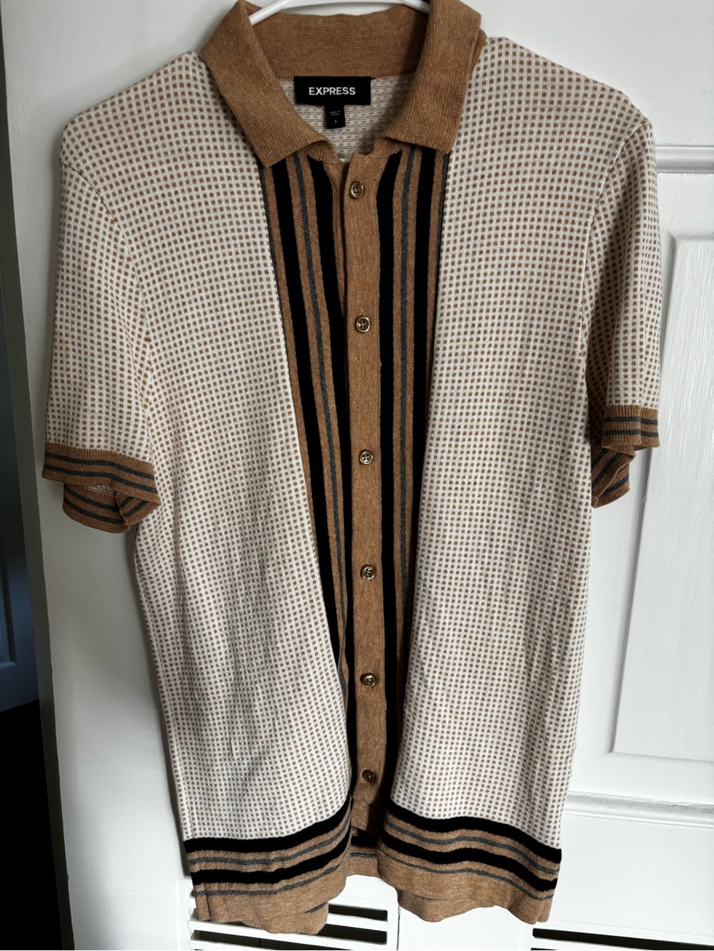 Express Short Sleeve Retro Knit Polo in Tan with Black and Gray Stripes